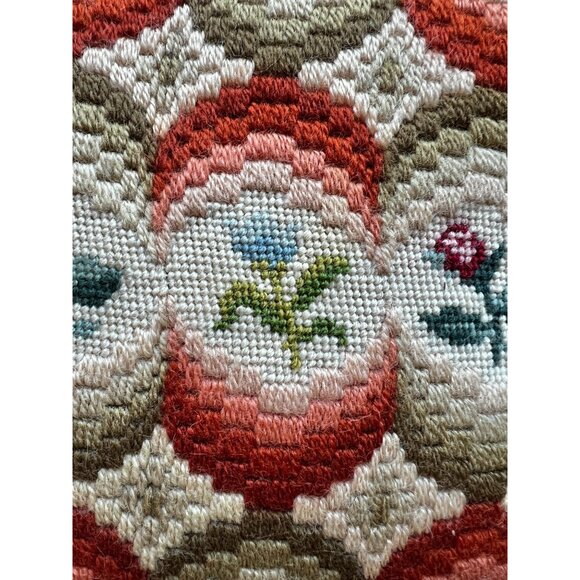 Needlepoint and crewel throw pillow orange flowers gray cream - Picture 3 of 6